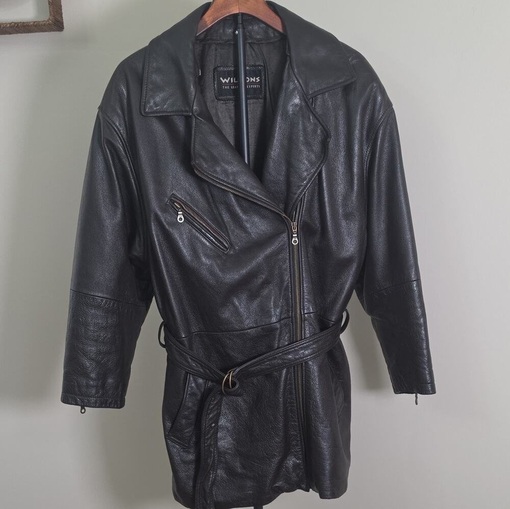 Wilsons Men's XL Black 100% Leather Motorcycle Jacket Long Belted Zip Button